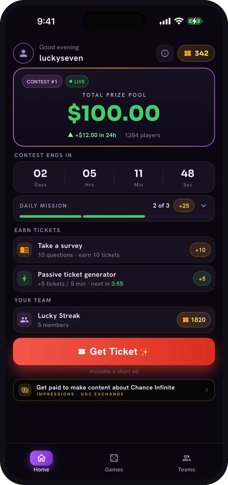 The Chance Infinite home screen: a contest card showing the total prize pool, a countdown to the draw, the daily mission, and ways to earn tickets.